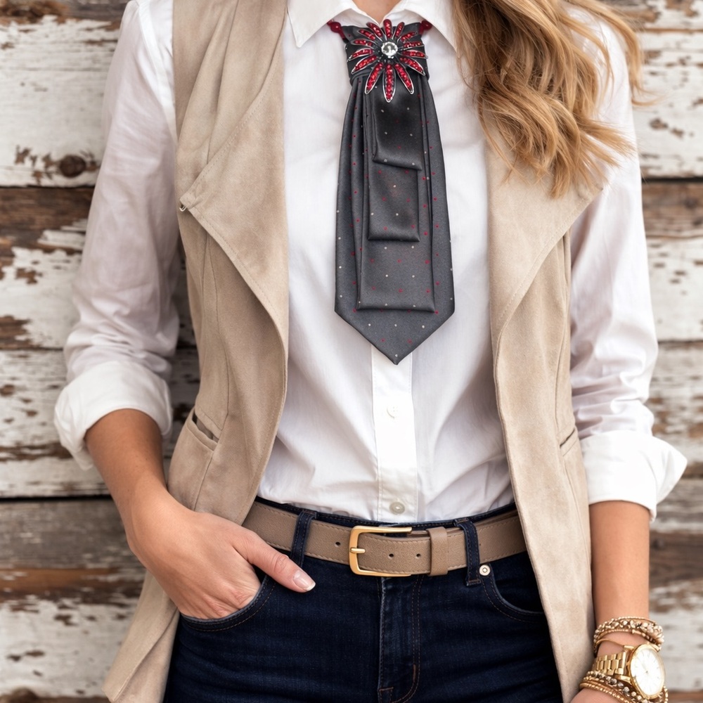 OOAK Necktie Necklace with Brooch and Beads Gray with Red & White Dots💥💥💥💥 - Picture 2 of 4